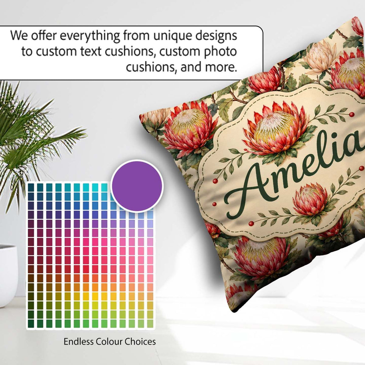 Custom Name Red and Cream Protea Floral Botanical Pattern Lovely Square Filled Cushion Throw Pillow Sofa Bed Home Decor Zip Washable UK Made