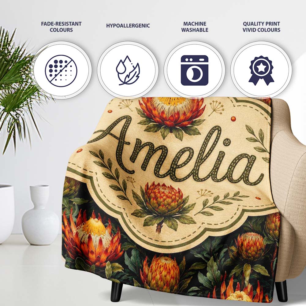 Vibrant Yellow and Red Protea Floral Seamless Pattern Lovely  Personalised Custom Name Super Soft Fleece Blanket Bed Sofa Throw
