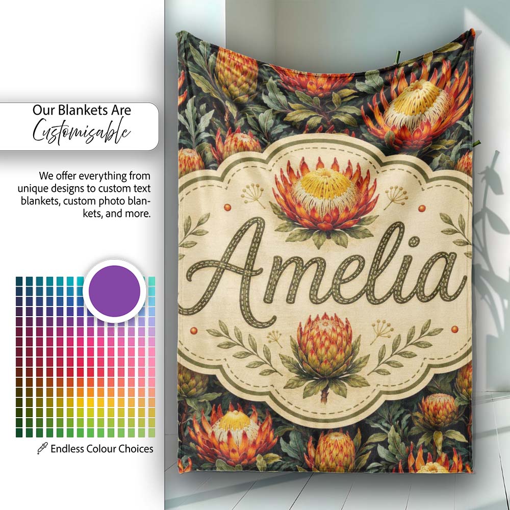 Vibrant Yellow and Red Protea Floral Seamless Pattern Lovely  Personalised Custom Name Super Soft Fleece Blanket Bed Sofa Throw