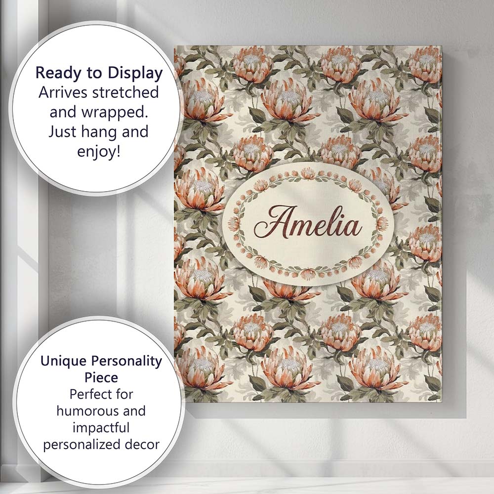 Personalised Name Neutral Tone Protea Custom Modern Room Accent Creative Decorator Style Canvas Wall Art Print Decor Picture Ready to Hang