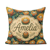 Custom Name Vibrant Orange and Teal Protea Floral Pattern Lovely Square Filled Cushion Throw Pillow Sofa Bed Home Decor Zip Washable UK Made