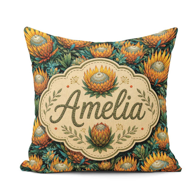 Custom Name Vibrant Orange and Teal Protea Floral Pattern Lovely Square Filled Cushion Throw Pillow Sofa Bed Home Decor Zip Washable UK Made