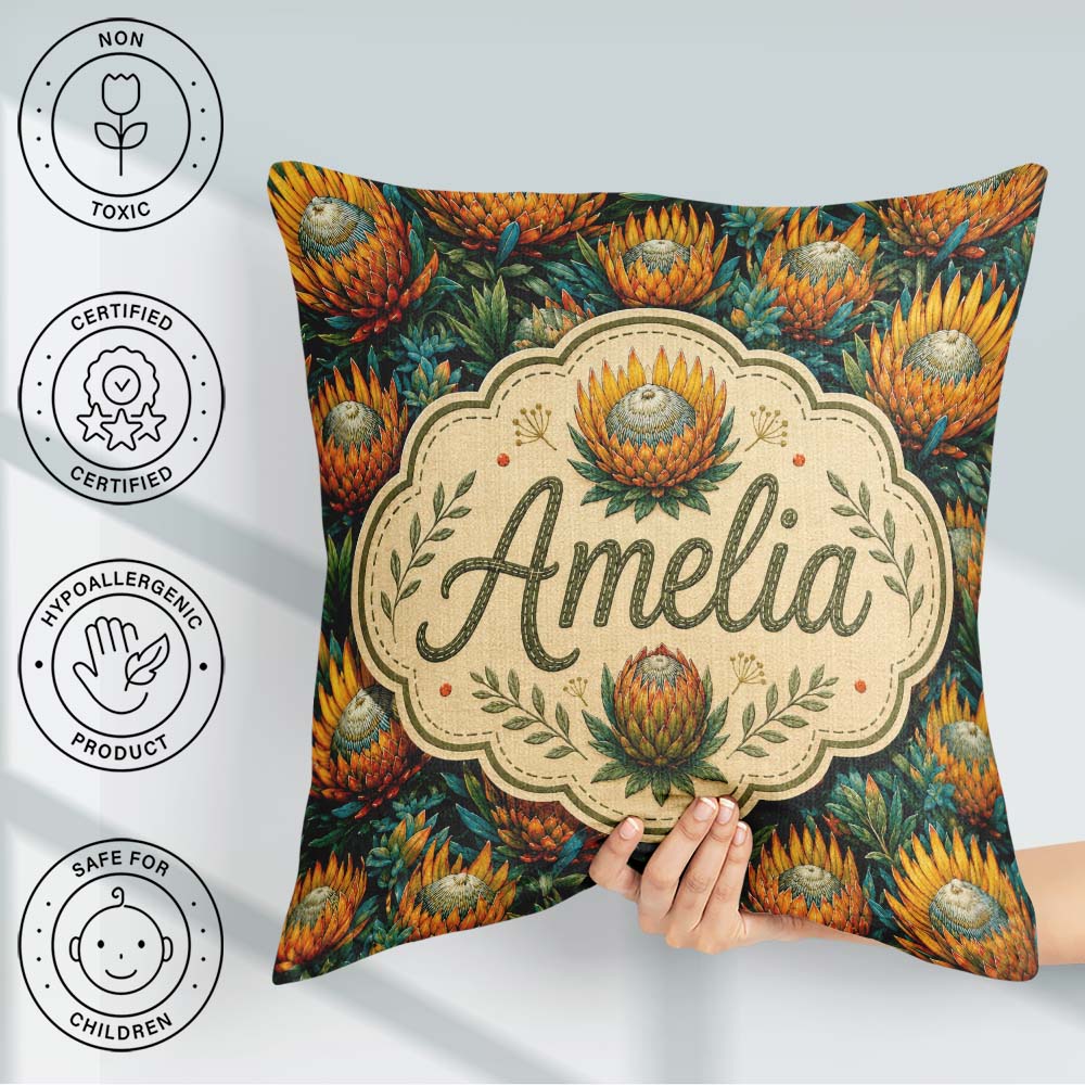 Custom Name Vibrant Orange and Teal Protea Floral Pattern Lovely Square Filled Cushion Throw Pillow Sofa Bed Home Decor Zip Washable UK Made