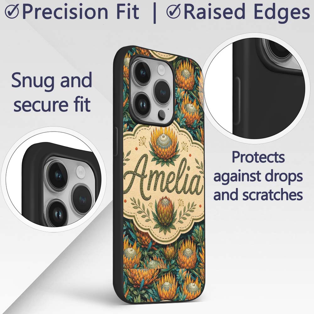 Vibrant Orange and Teal Protea Floral Seamless Custom Name Protective Phone Case Mobile Cover Durable Everyday Smartphone Shock Resistant