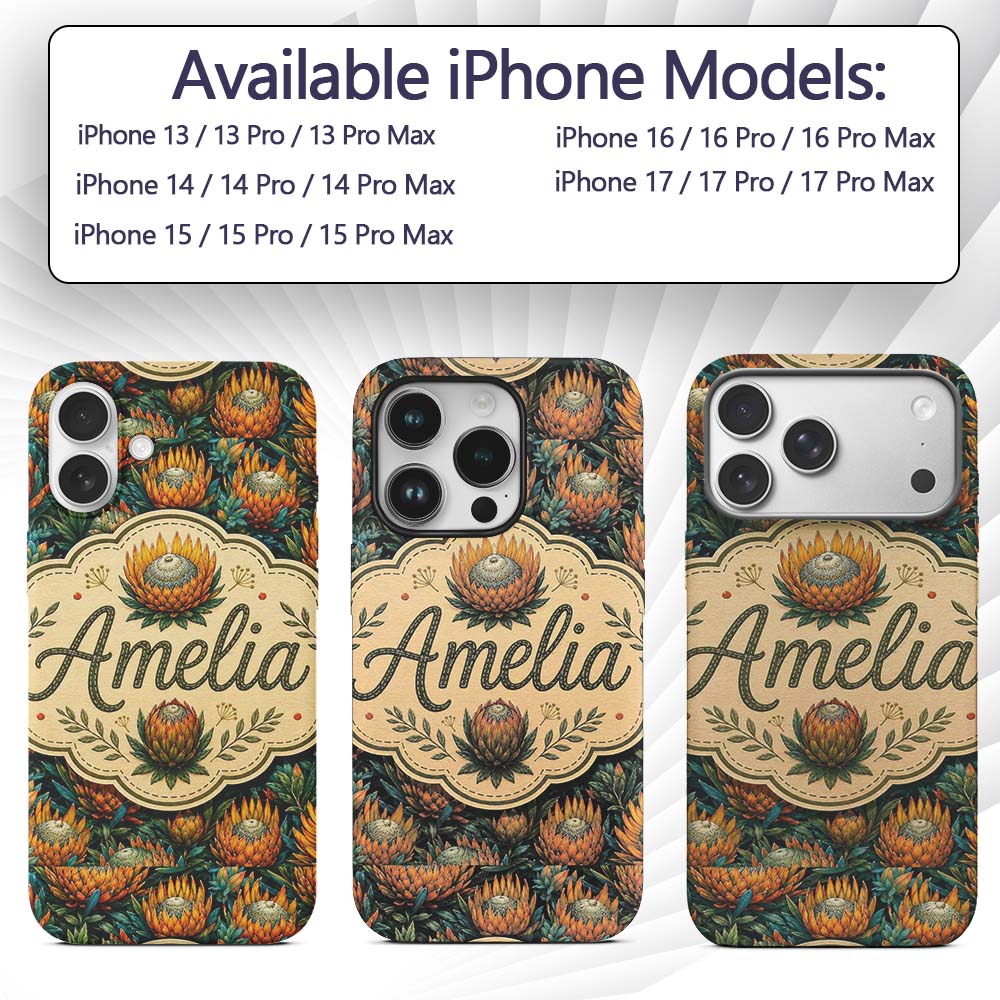 Vibrant Orange and Teal Protea Floral Seamless Custom Name Protective Phone Case Mobile Cover Durable Everyday Smartphone Shock Resistant