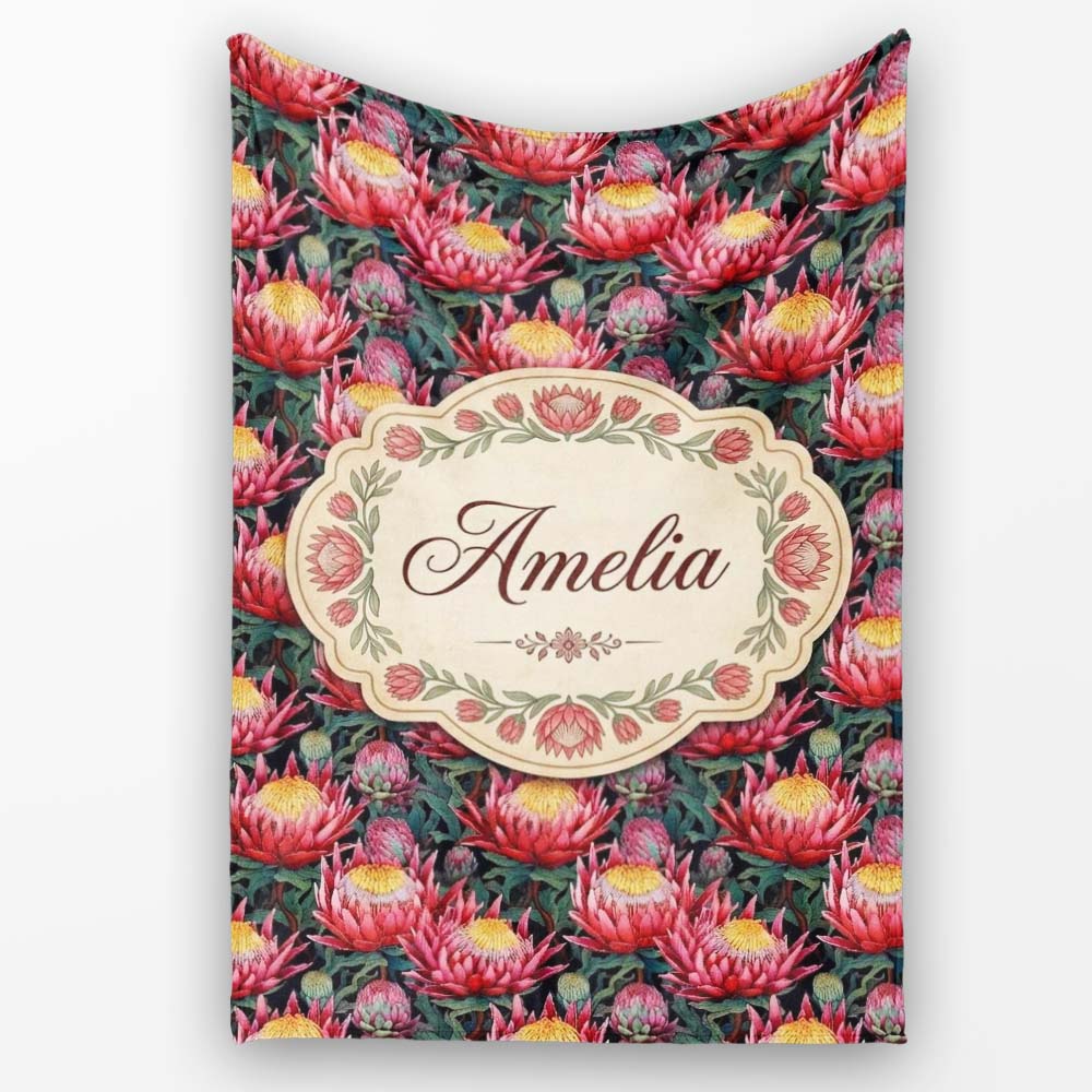Bold Pink Protea Botanical Floral Seamless Pattern Cute Unique Gift  Personalised Custom Name Super Soft Fleece Blanket Bed Sofa Throw