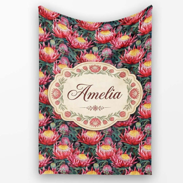 Bold Pink Protea Botanical Floral Seamless Pattern Cute Unique Gift  Personalised Custom Name Super Soft Fleece Blanket Bed Sofa Throw