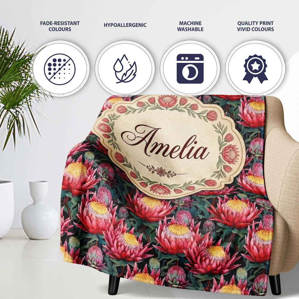Bold Pink Protea Botanical Floral Seamless Pattern Cute Unique Gift  Personalised Custom Name Super Soft Fleece Blanket Bed Sofa Throw