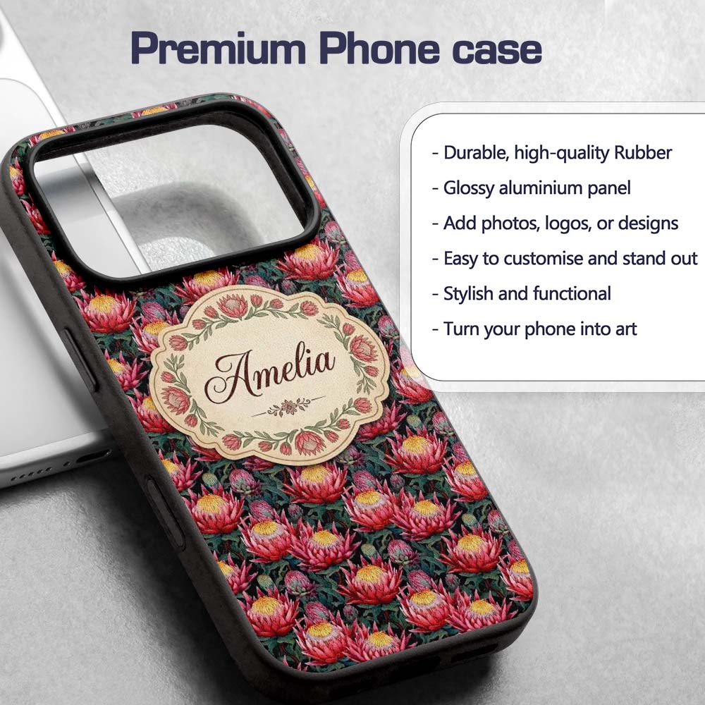 Bold Pink Protea Botanical Floral Printed Design Custom Name Protective Phone Case Mobile Cover Durable Everyday Smartphone Shock Resistant