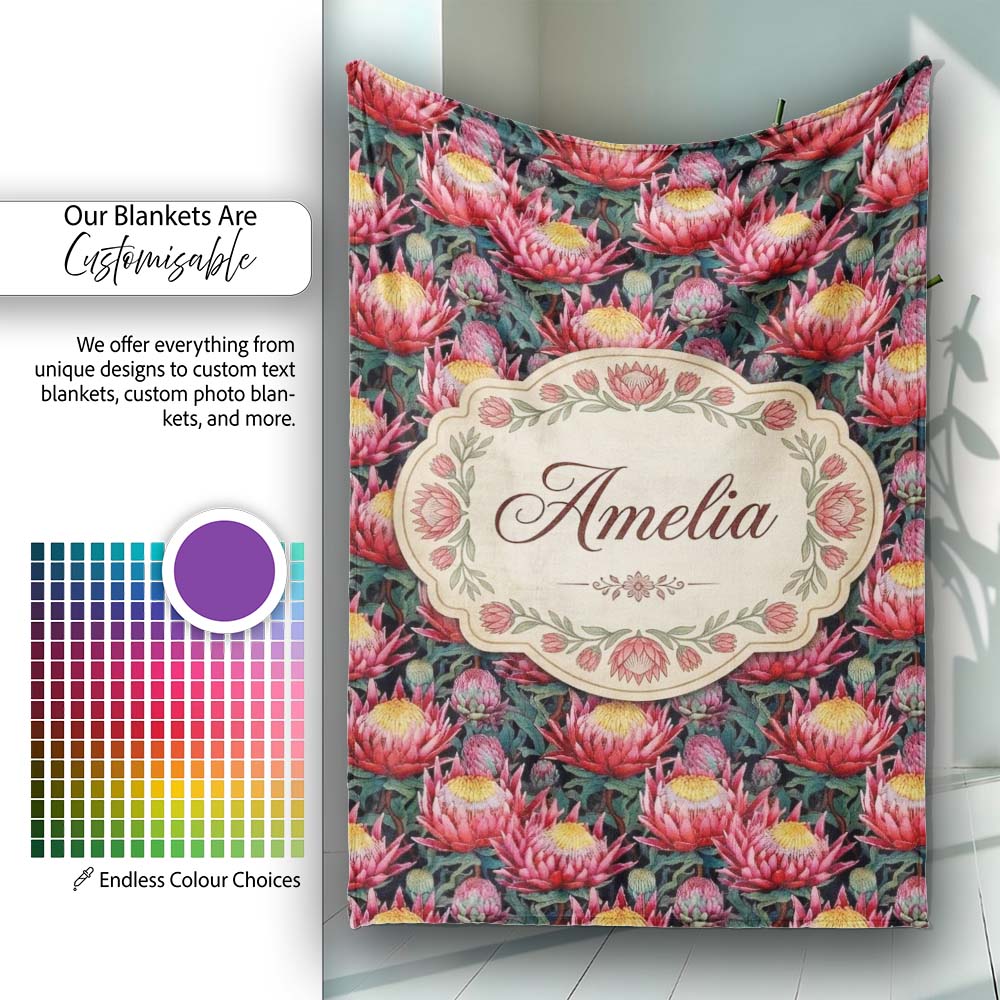 Bold Pink Protea Botanical Floral Seamless Pattern Cute Unique Gift  Personalised Custom Name Super Soft Fleece Blanket Bed Sofa Throw