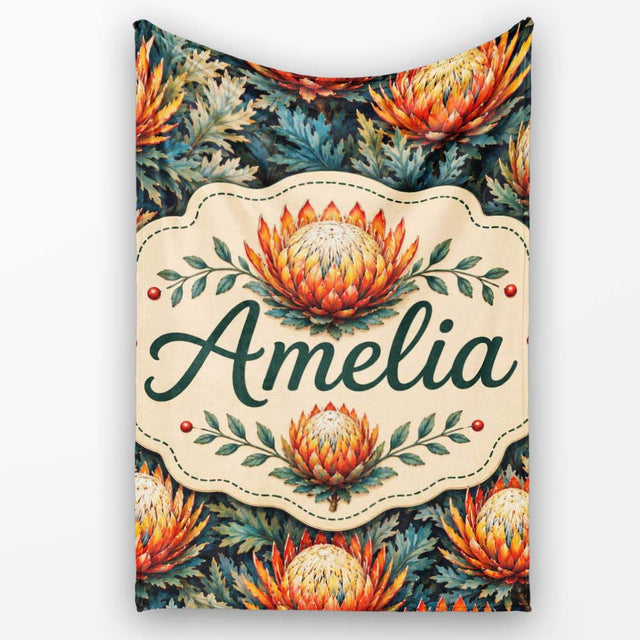 Artistic Protea Floral with Blue Leaves Seamless Pattern Lovely  Personalised Custom Name Super Soft Fleece Blanket Bed Sofa Throw