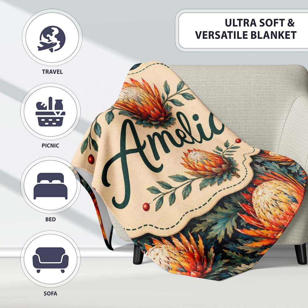 Artistic Protea Floral with Blue Leaves Seamless Pattern Lovely  Personalised Custom Name Super Soft Fleece Blanket Bed Sofa Throw
