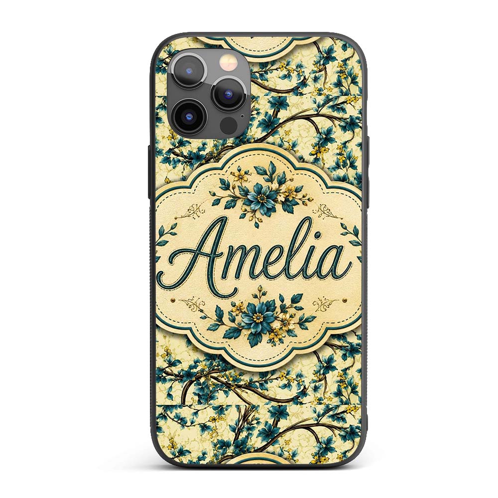 Elegant Blue Floral Branches on Cream Background Custom Name Protective Phone Case Mobile Cover Durable Everyday Smartphone Shock Resistant