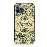 Elegant Blue Floral Branches on Cream Background Custom Name Protective Phone Case Mobile Cover Durable Everyday Smartphone Shock Resistant