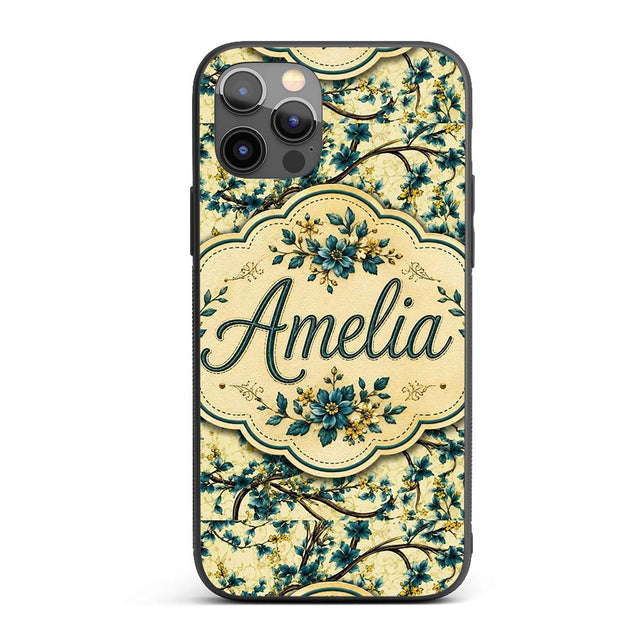 Elegant Blue Floral Branches on Cream Background Custom Name Protective Phone Case Mobile Cover Durable Everyday Smartphone Shock Resistant