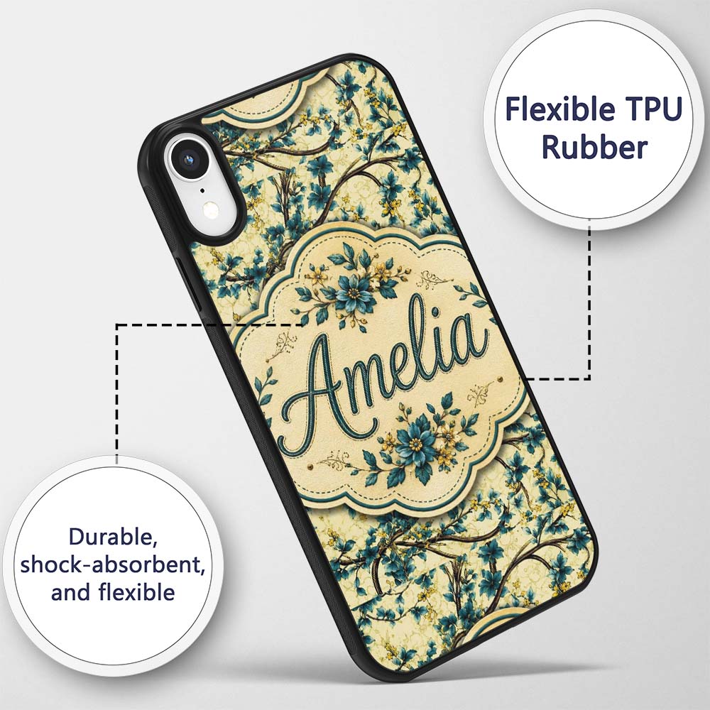 Elegant Blue Floral Branches on Cream Background Custom Name Protective Phone Case Mobile Cover Durable Everyday Smartphone Shock Resistant
