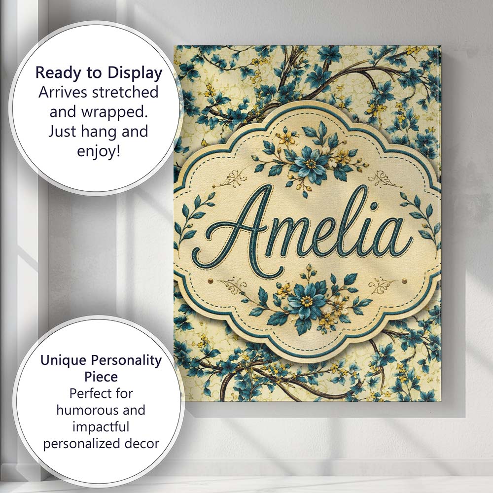 Personalised Name Elegant Blue Floral Custom Modern Room Accent Creative Decorator Style Canvas Wall Art Print Decor Picture Ready to Hang