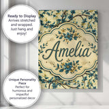Personalised Name Elegant Blue Floral Custom Modern Room Accent Creative Decorator Style Canvas Wall Art Print Decor Picture Ready to Hang