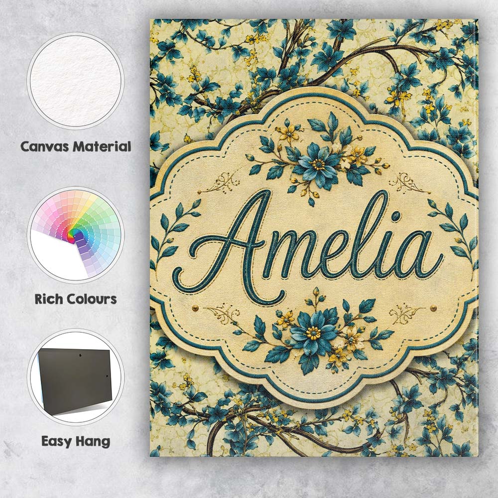 Personalised Name Elegant Blue Floral Custom Modern Room Accent Creative Decorator Style Canvas Wall Art Print Decor Picture Ready to Hang