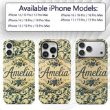Elegant Blue Floral Branches on Cream Background Custom Name Protective Phone Case Mobile Cover Durable Everyday Smartphone Shock Resistant