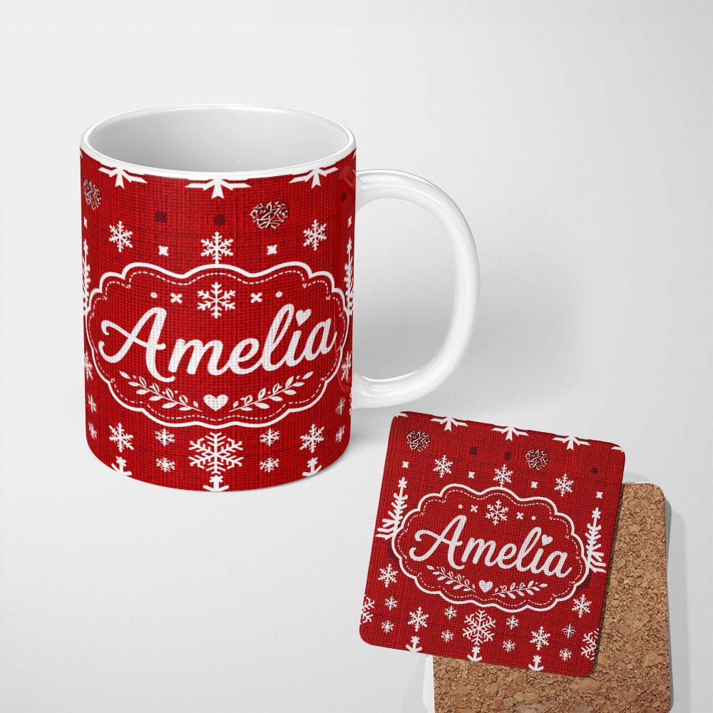 Personalized Custom Name Red White Christmas Tree Snowflake Knit Seamless Pattern Lovely 11oz Ceramic Coffee Tea Mug White Large Handle