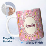 Personalized Custom Name Cute Easter Bunny Chick Carrots Eggs Polka Dot Pattern Rose Pink 11oz Ceramic Coffee Tea Mug White Large Handle