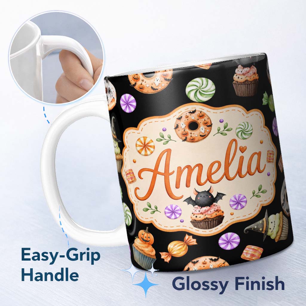 Personalized Custom Name Cute Halloween Spooky Donuts Cupcakes Treats Black Background 11oz Ceramic Coffee Tea Mug White Large Handle
