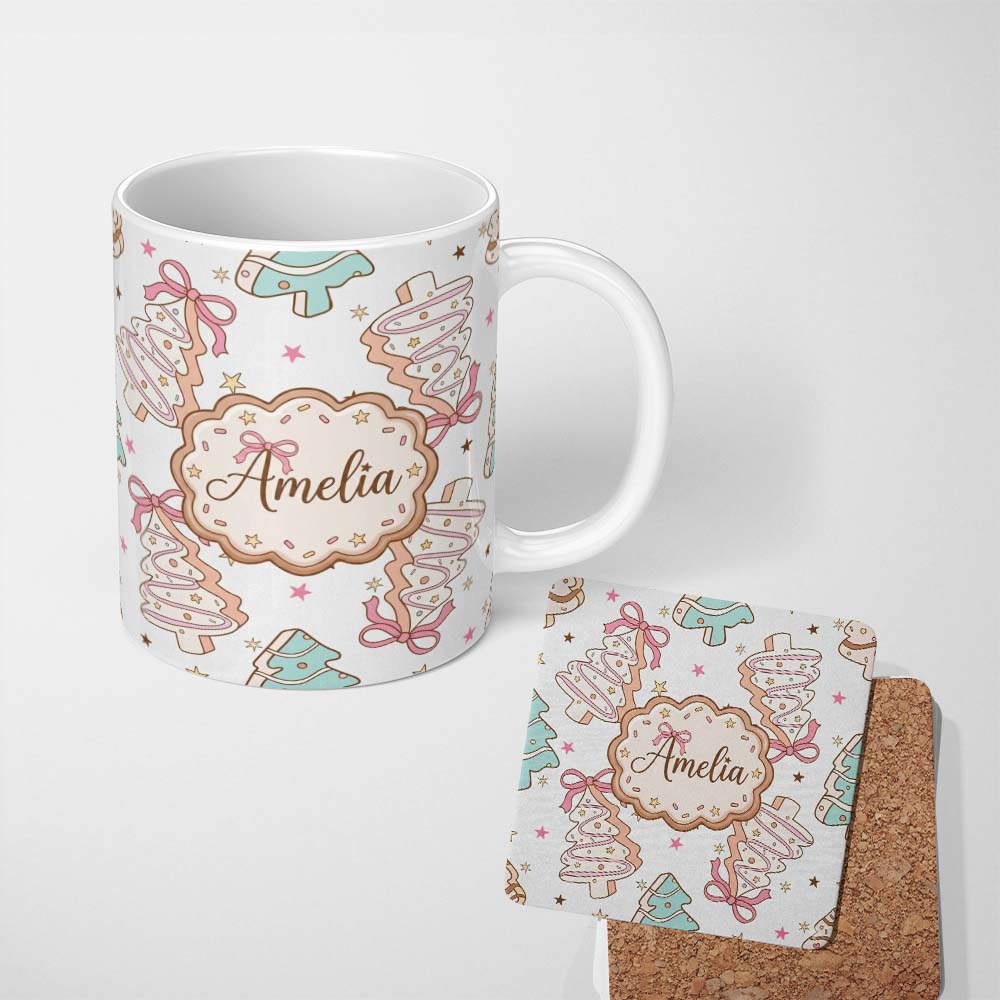 Personalized Custom Name Cute Christmas Tree Cookies with Icing and Bows Sweet Festive Lovely 11oz Ceramic Coffee Tea Mug White Large Handle