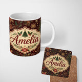 Personalized Custom Name Elegant Christmas Botanical Leaves Pine Branches and Festive Holiday 11oz Ceramic Coffee Tea Mug White Large Handle
