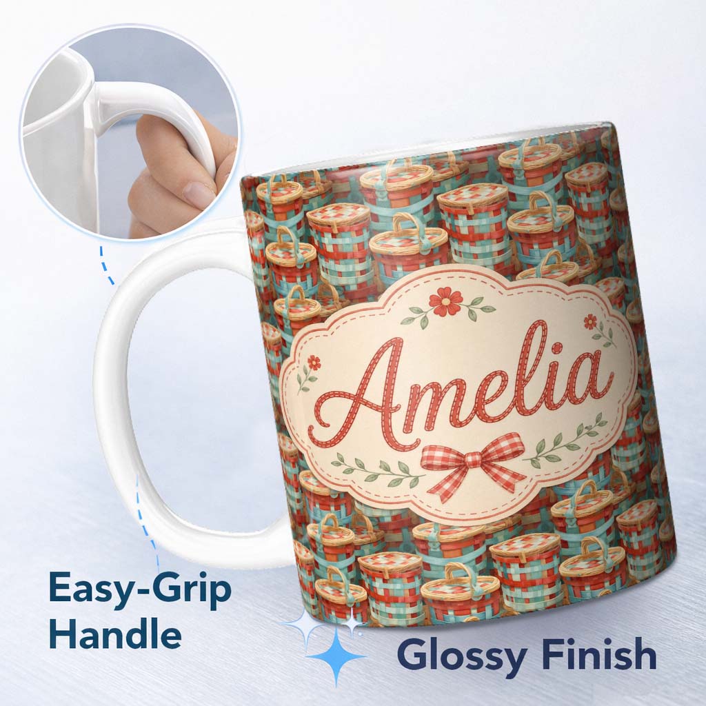 Personalized Custom Name Detailed Wicker Picnic Baskets Close Up Seamless Pattern Lovely 11oz Ceramic Coffee Tea Mug White Large Handle