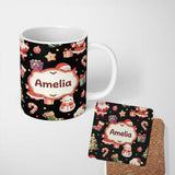 Personalized Custom Name Cute Santa Claus Mrs Claus Snowman Christmas Gift Candy Cane Black 11oz Ceramic Coffee Tea Mug White Large Handle