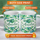 Personalized Custom Name Soft Watercolor Monstera Leaves in Fresh Green Tones Seamless Lovely 11oz Ceramic Coffee Tea Mug White Large Handle