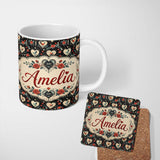 Personalized Custom Name Cute Birds Hearts and Roses on Black Background Romantic Seamless 11oz Ceramic Coffee Tea Mug White Large Handle