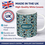 Personalized Custom Name Colorful Puffin Bird and Wildflower Meadow Seamless Pattern Lovely 11oz Ceramic Coffee Tea Mug White Large Handle