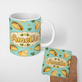 Personalized Custom Name Cute Kawaii Tacos and Wraps Seamless Pattern Teal Background Name 11oz Ceramic Coffee Tea Mug White Large Handle