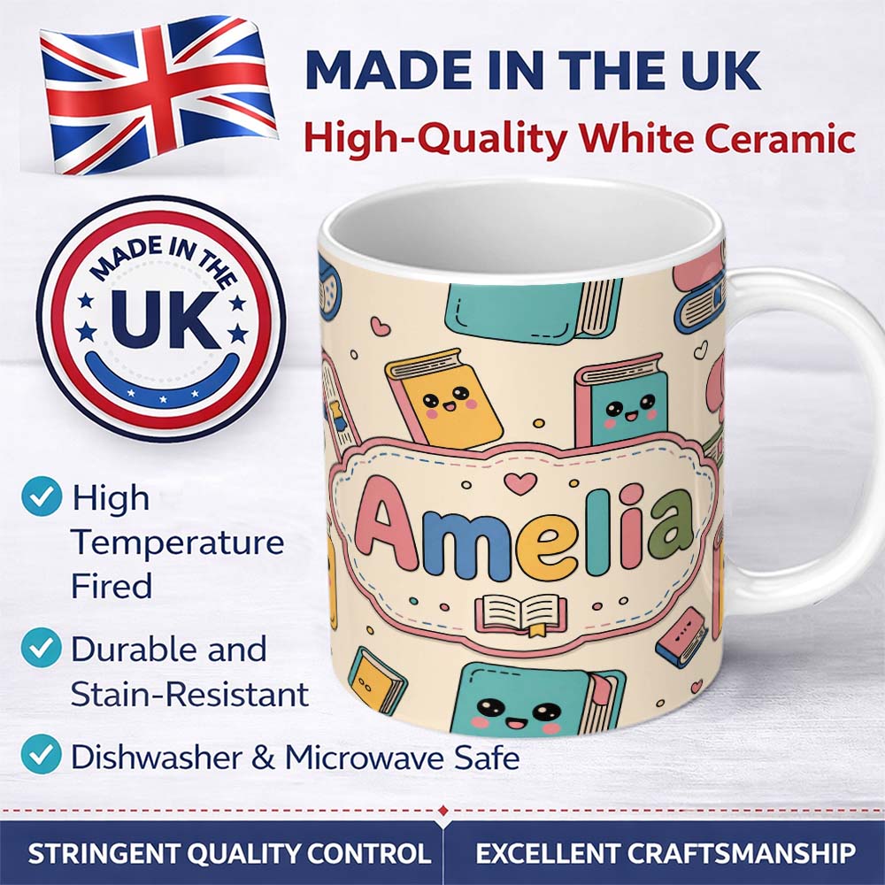 Personalized Custom Name Cute Kawaii Books and Study Elements Learning Seamless Pattern 11oz Ceramic Coffee Tea Mug White Large Handle