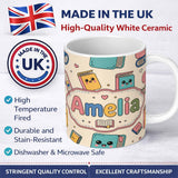 Personalized Custom Name Cute Kawaii Books and Study Elements Learning Seamless Pattern 11oz Ceramic Coffee Tea Mug White Large Handle