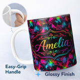 Personalized Custom Name Colorful Neon Triangle Graffiti Abstract Seamless Pattern Lovely 11oz Ceramic Coffee Tea Mug White Large Handle