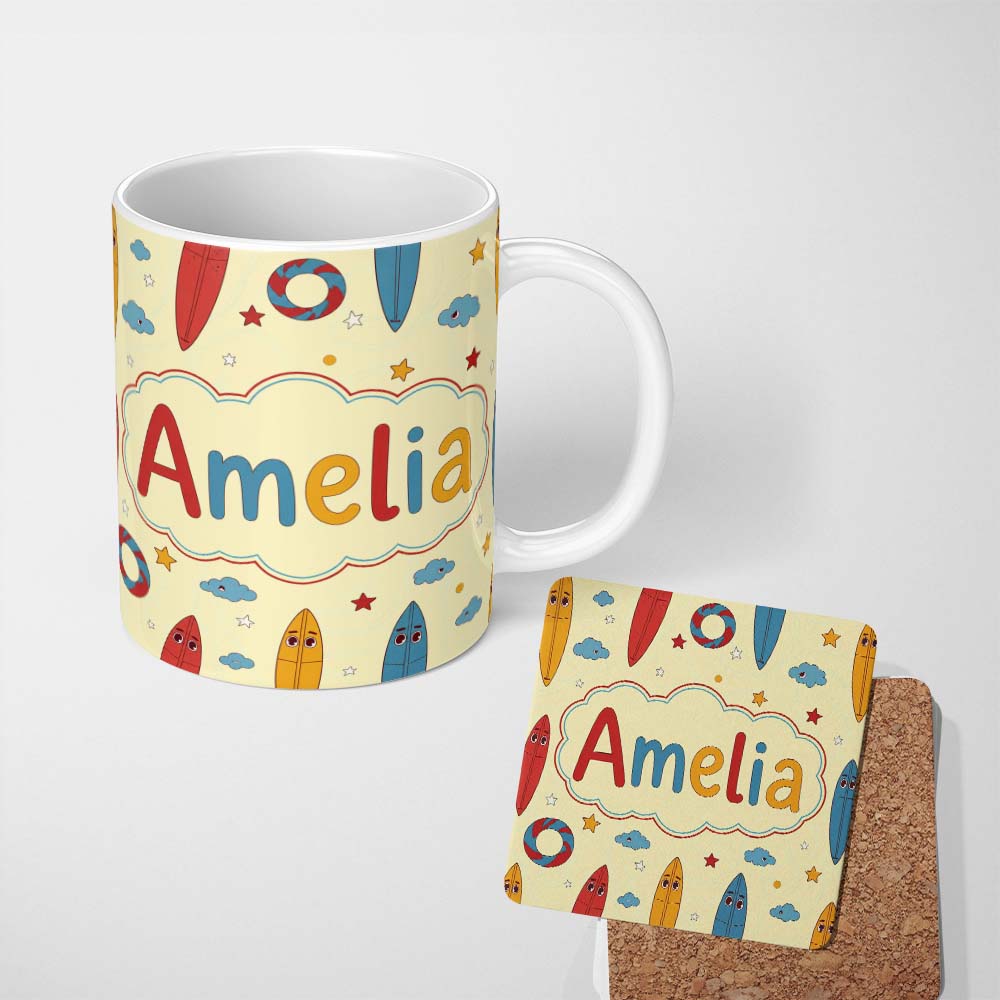Personalized Custom Name Cute Surfboards Lifebuoys Clouds and Stars Fun Summer Beach Seamless 11oz Ceramic Coffee Tea Mug White Large Handle