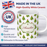 Personalized Custom Name Watercolor Christmas Trees with Red Star Toppers Minimal Seamless 11oz Ceramic Coffee Tea Mug White Large Handle