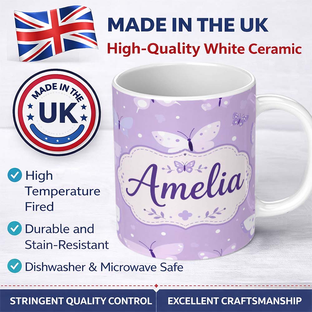 Personalized Custom Name Cute Purple Butterflies with Soft Abstract Background Seamless 11oz Ceramic Coffee Tea Mug White Large Handle