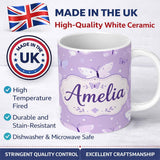 Personalized Custom Name Cute Purple Butterflies with Soft Abstract Background Seamless 11oz Ceramic Coffee Tea Mug White Large Handle