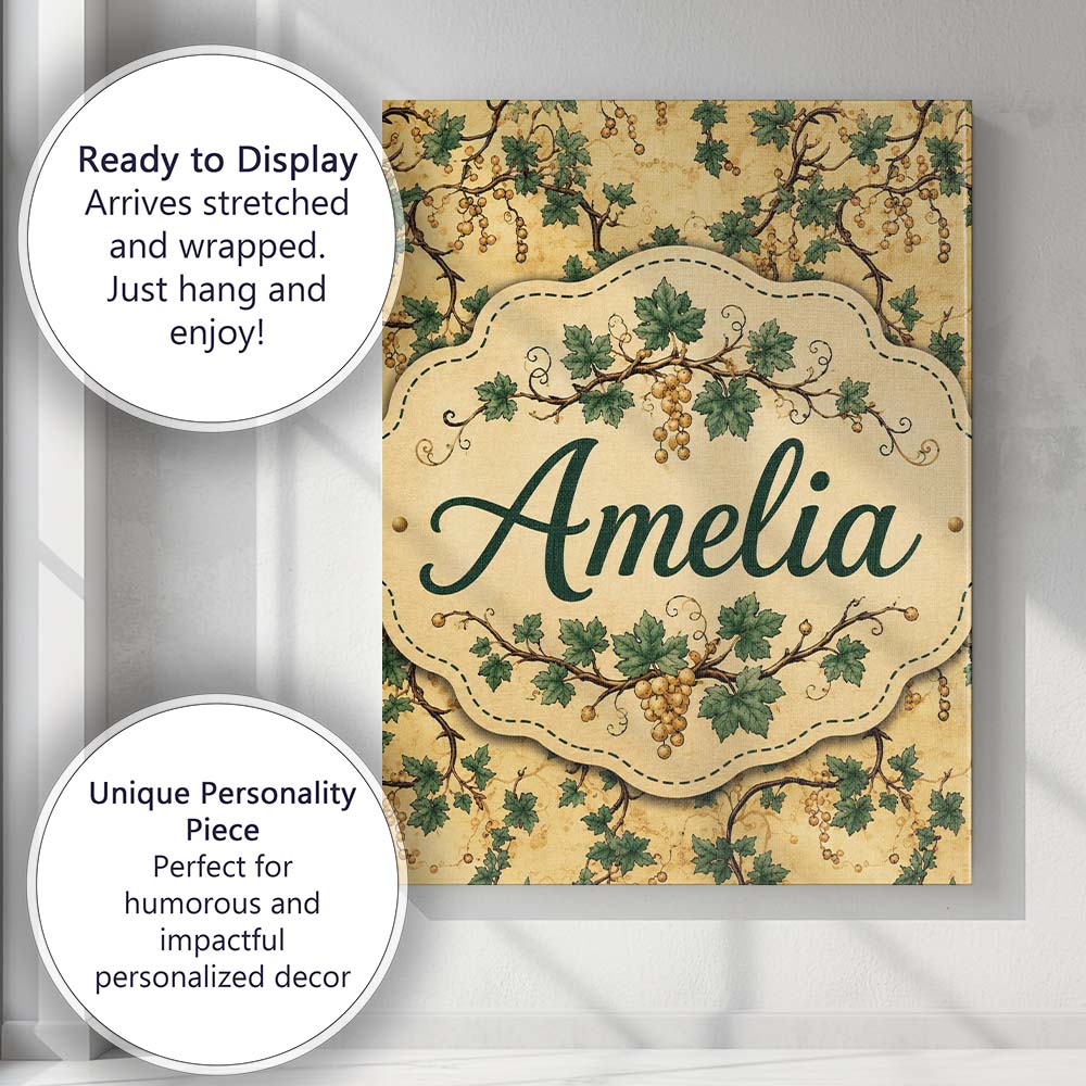 Personalised Name Classic Vine Leaves and Custom  Unique Gift Idea Elegant Feature Canvas Wall Art Print Decor Picture Ready to Hang