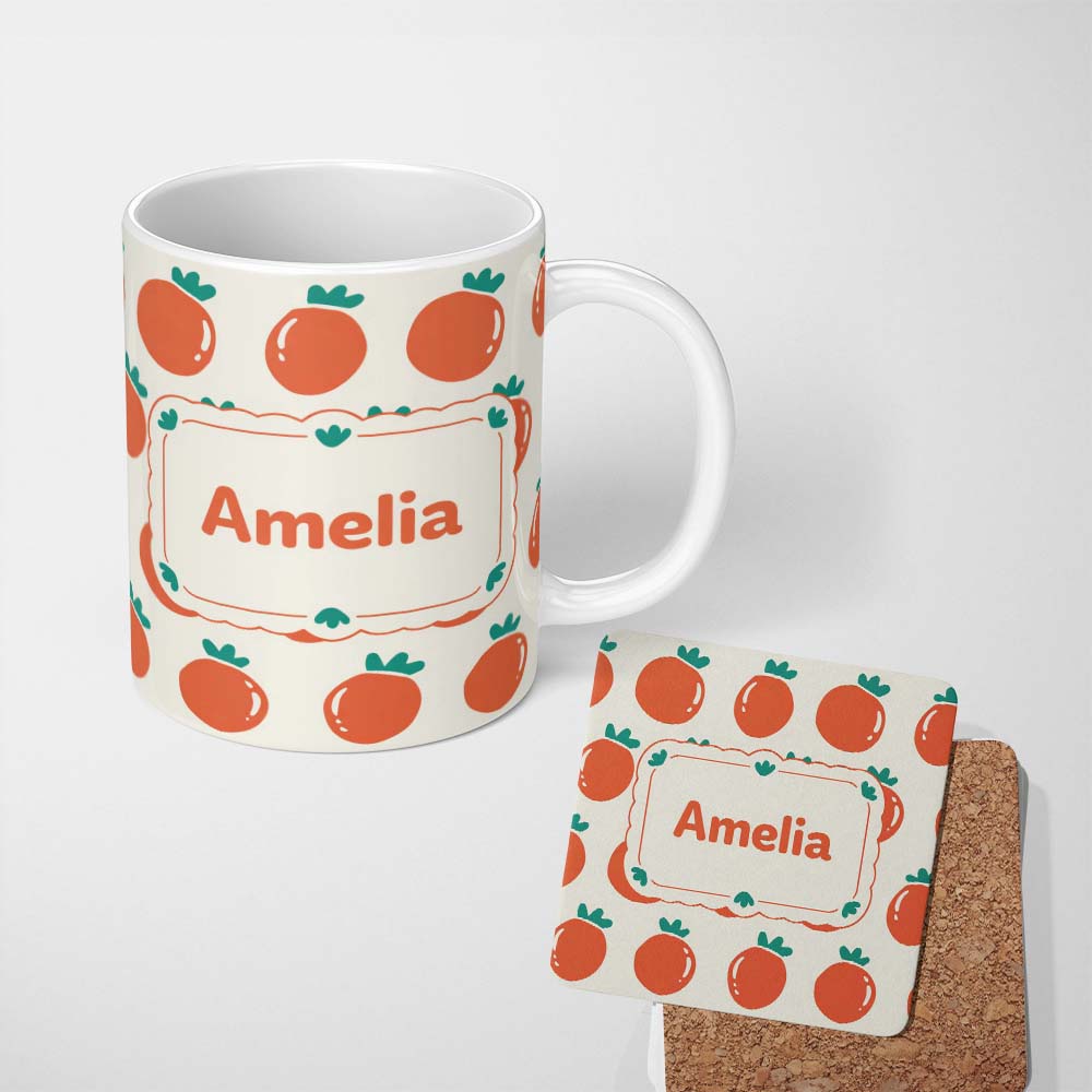 Personalized Custom Name Cute Tomato Cartoon Pattern Minimal Design Thoughtful Gift Idea 11oz Ceramic Coffee Tea Mug White Large Handle