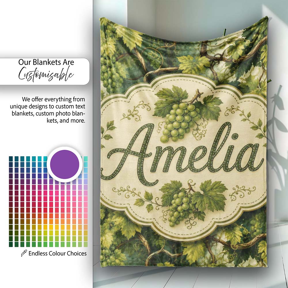 Green Grape Vine Leaves Botanical Seamless Pattern Cute Unique Gift  Personalised Custom Name Super Soft Fleece Blanket Bed Sofa Throw