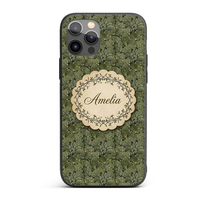 Dark Green Minimal Leafy Branch Seamless Pattern Custom Name Protective Phone Case Mobile Cover Durable Everyday Smartphone Shock Resistant