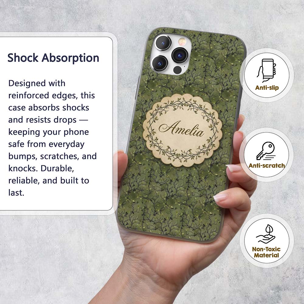 Dark Green Minimal Leafy Branch Seamless Pattern Custom Name Protective Phone Case Mobile Cover Durable Everyday Smartphone Shock Resistant