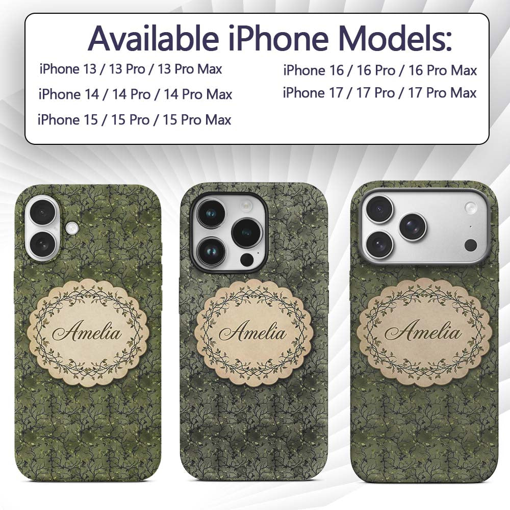Dark Green Minimal Leafy Branch Seamless Pattern Custom Name Protective Phone Case Mobile Cover Durable Everyday Smartphone Shock Resistant