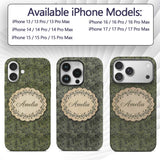 Dark Green Minimal Leafy Branch Seamless Pattern Custom Name Protective Phone Case Mobile Cover Durable Everyday Smartphone Shock Resistant