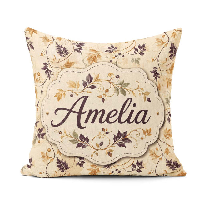 Custom Name Elegant Autumn Leaves and Swirling Seamless Pattern Square Filled Cushion Throw Pillow Sofa Bed Home Decor Zip Washable UK Made